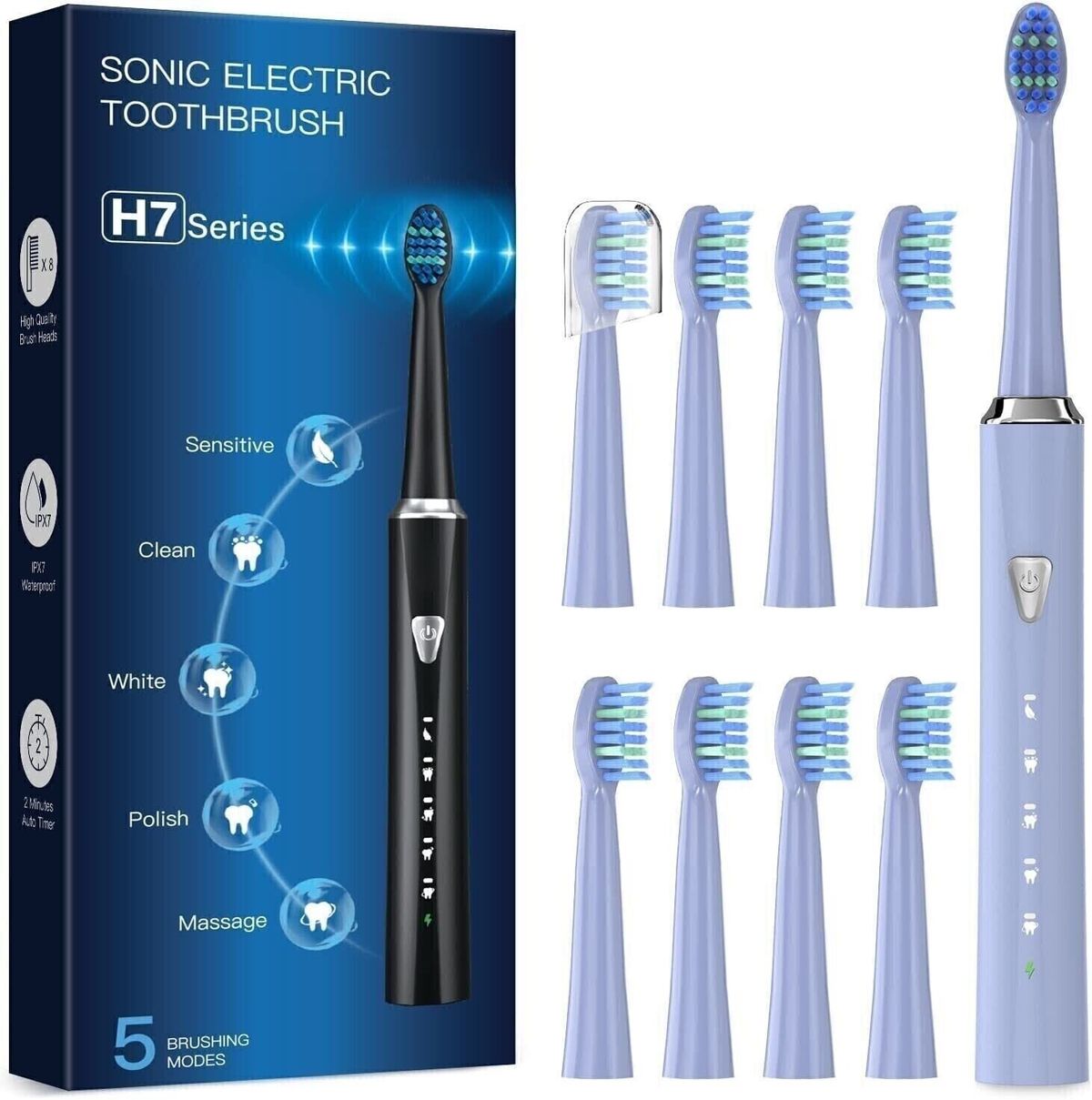 Brosse à dents électrique sonique Phylian bleu clair, 8 têtes, 5 modes, rechargeable, NEUF_voghion.com