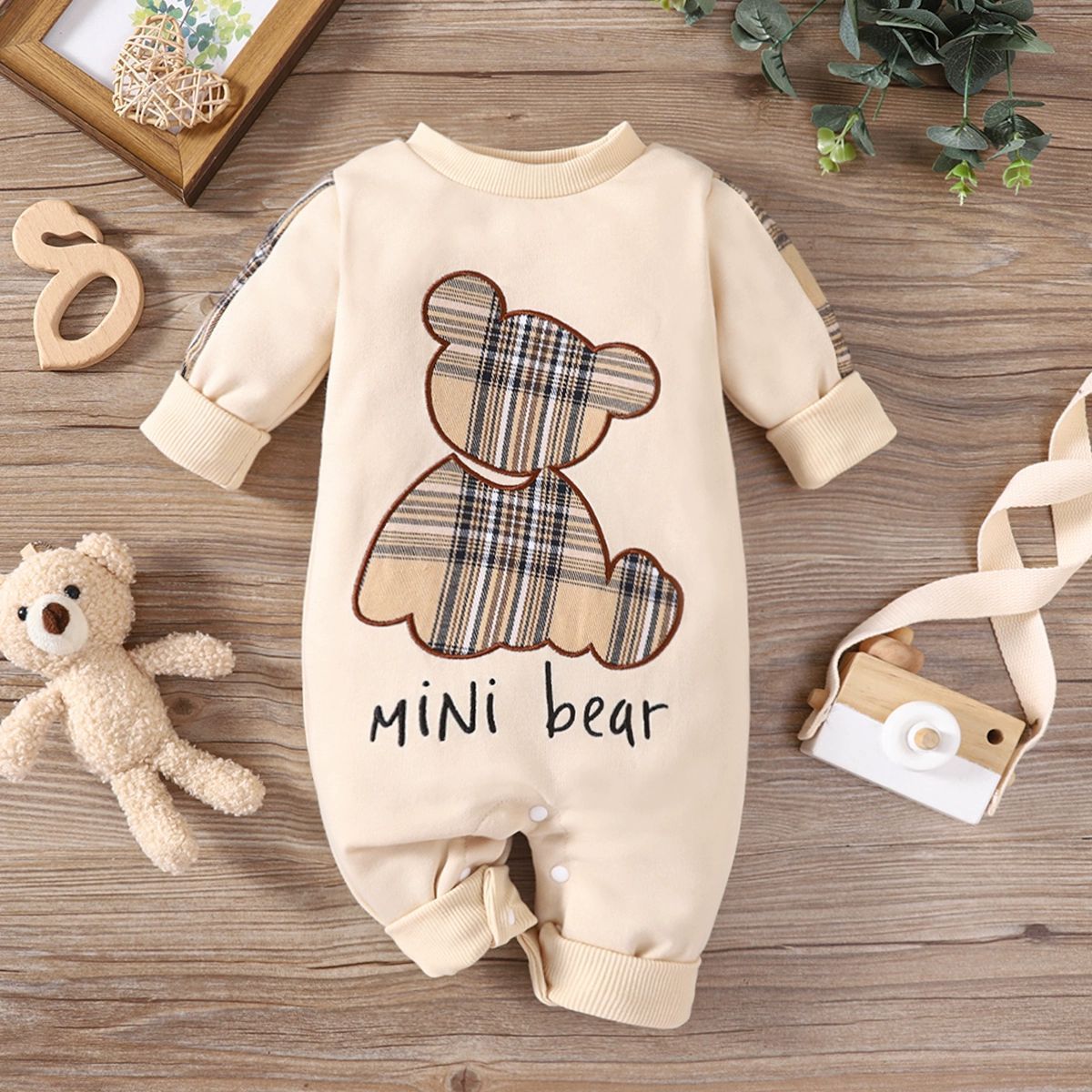 Babykleding voor babyjongens Lente- en herfst- en gingham-patch beer, eendelig kruippakje met lange mouwen en open dossier_voghion.com