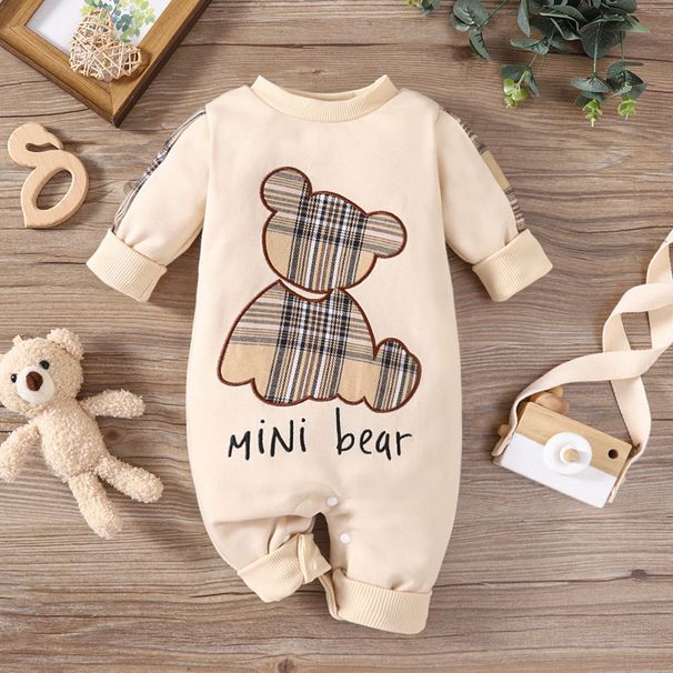 Babykleding voor babyjongens Lente- en herfst- en gingham-patch beer, eendelig kruippakje met lange mouwen en open dossier_voghion.com