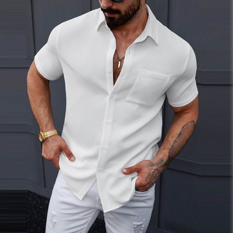 Men's Clothing Men's Casual Lapel Short Sleeved Shirt. Textured Waffle! A Must Have Breathable Shirt For Men_voghion.com