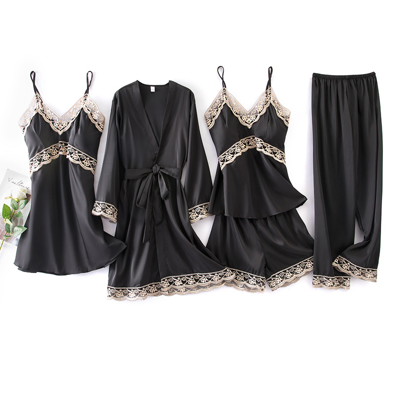 Pijama feminino sexy de seda fina e gelada, conjunto de cinco peças com alças, almofada no peito, camisola de manga comprida, roupa externa de seda para casa_voghion.com