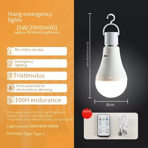 Uzaktan Kumandalı ve Dokunmatik Anahtarlı Şarj Edilebilir LED Acil Durum Ampulü - E27 Taban, 5W Sıcak Beyaz/Soğuk Beyaz, 1000LM_voghion.com