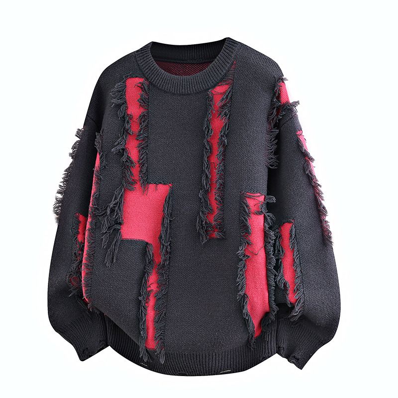 Pull oversize en maille à franges – Pull à manches longues et col rond pour homme (Blanc/Noir/Taupe, M-4XL)_voghion.com