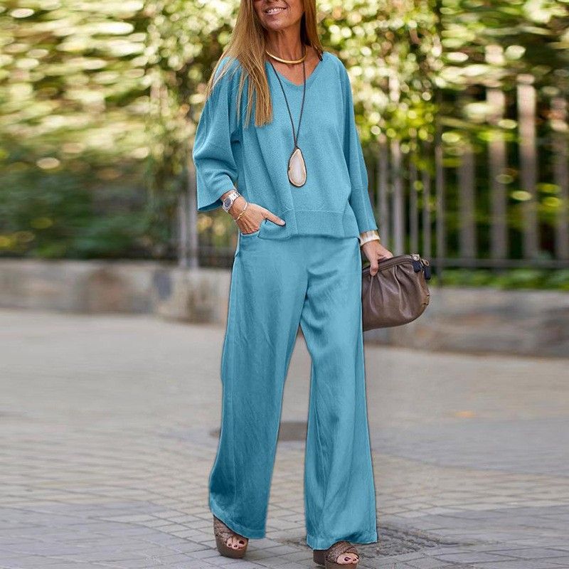 Solid color long-sleeved trousers suit temperament commuting two-piece set women's_voghion.com