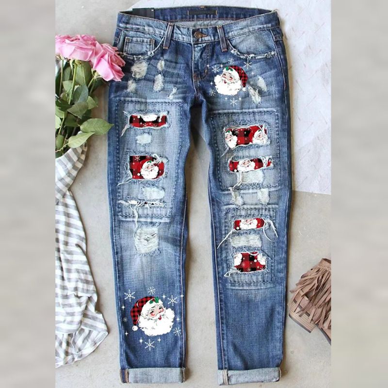 Women's new winter Christmas jeans printed hole women's jeans_voghion.com