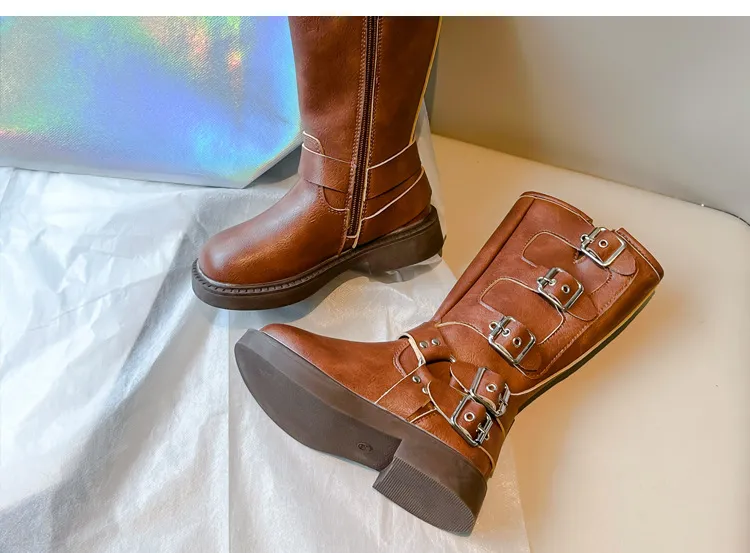 Kids' shoes Children's Martin boots 2024 autumn and winter new style baby girl fashion metal buckle high boots retro genuine leather Martin_voghion.com