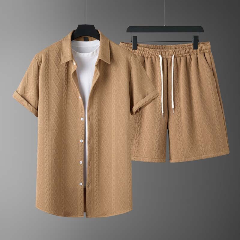 Herrkläder Modetrend Fritid Sport Stickat Mönster Kortärmad Tvådelad Kostym_voghion.com