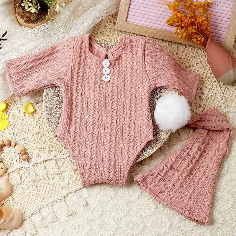 Ylsteed 2 Pieces Set Newborn Photo Shooting Clothes Knitting Baby Boy Jumpsuit with Pompom Hat Infant Photography Props_voghion.com