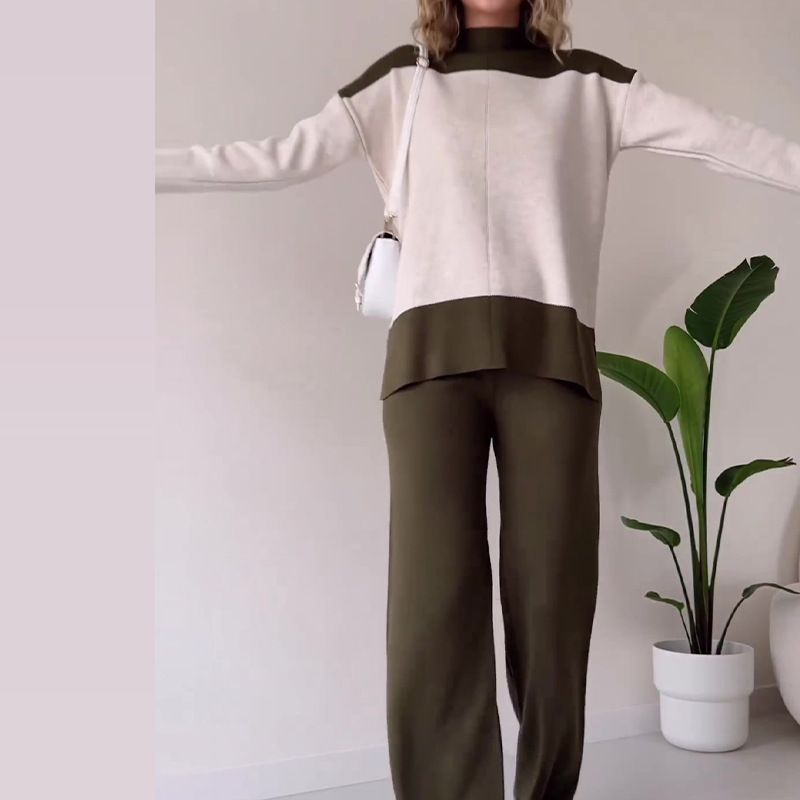 Women's Clothing new autumn fashion splicing color tops loose and versatile wide leg pants suit for women_voghion.com