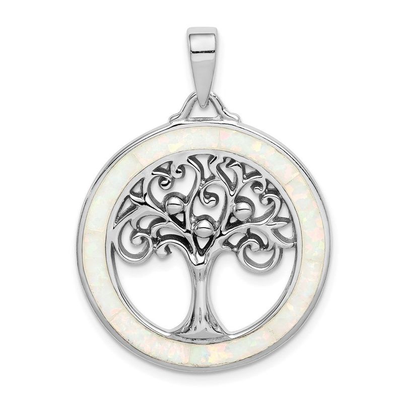 Sterling Silver Rhodium-plated Created Opal Circle W/Tree Pendant_voghion.com