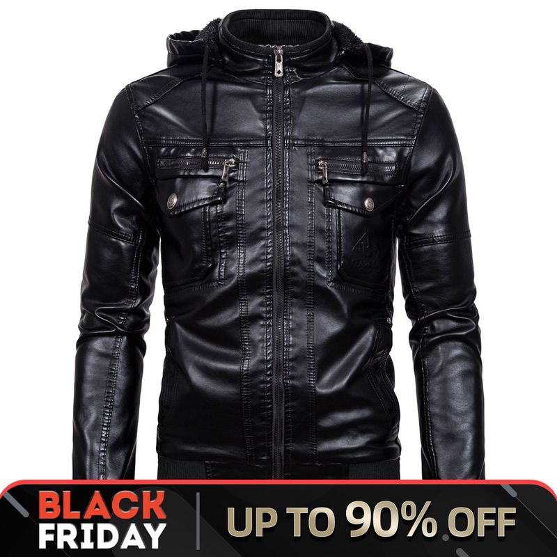 Men's Warm Winter Motorcycle With Hooded Zipper Loose PU Leather Windproof Jacket_voghion.com