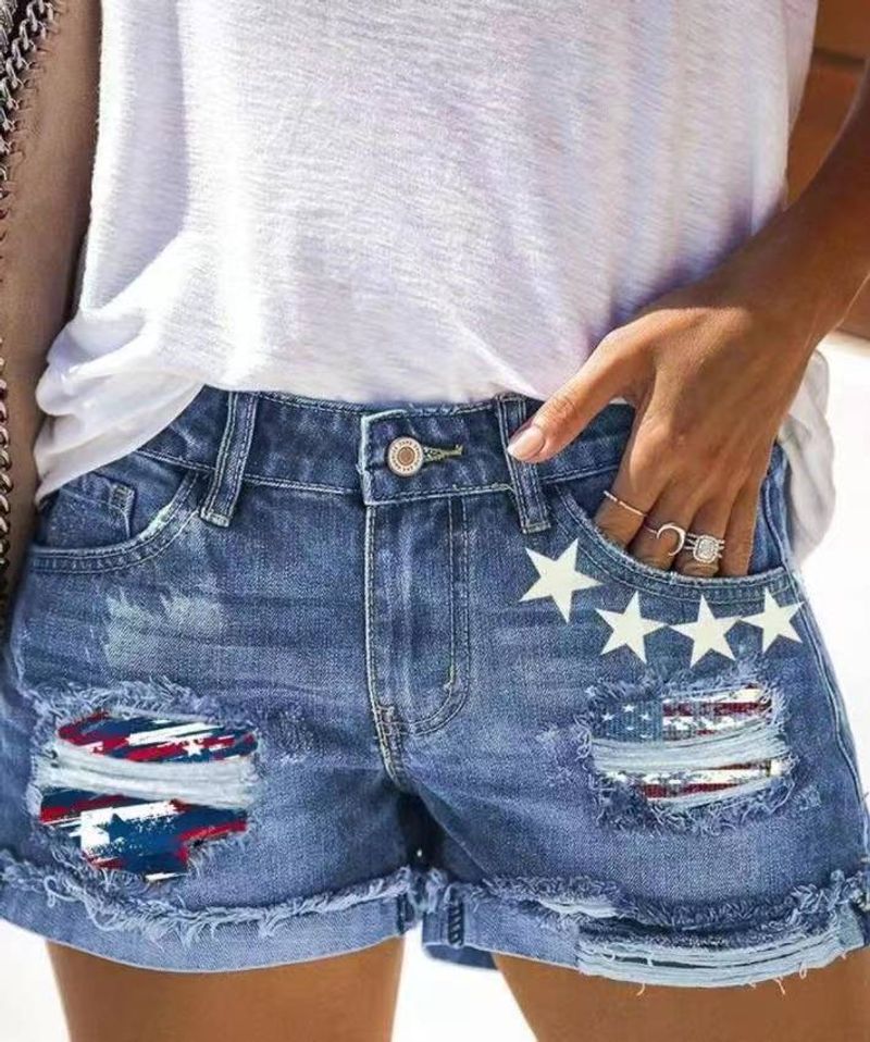 Women's Clothing Printed Hole Washed Hem Denim Shorts_voghion.com