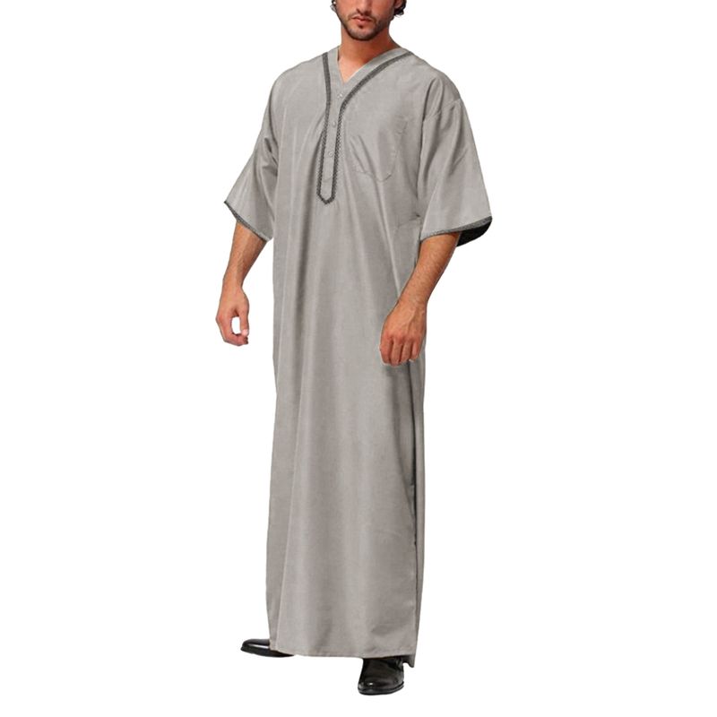 2025 Jubba Thobe musulman couleur unie bouton Kimono robe moyenne chemise musulmane saoudienne col montant caftan arabe islamique hommes_voghion.com