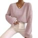Knitted Women's Clothing 2023 Autumn Solid Color Lantern Long Sleeve Pullover Sweater V-Neck_voghion.com