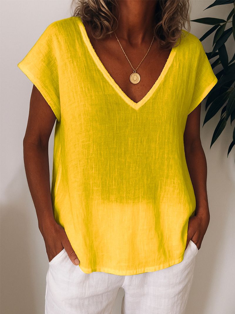 Maglietta a maniche corte con scollo a V, casual e regolare, da donna, multicolore_voghion.com