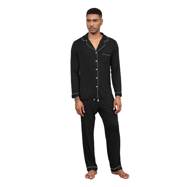 Roupas masculinas conjunto de pijama masculino modal manga longa lapela cor sólida cardigan aberto roupas de casa masculina_voghion.com