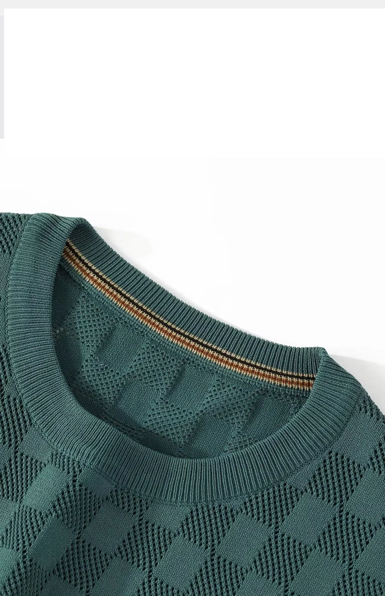 Vīriešu apģērbs, plāns, dobs, adīts, īsām piedurknēm, vīriešu versija, elpojošs, apaļa kakla adīts džemperis, vīriešu T-krekls_voghion.com