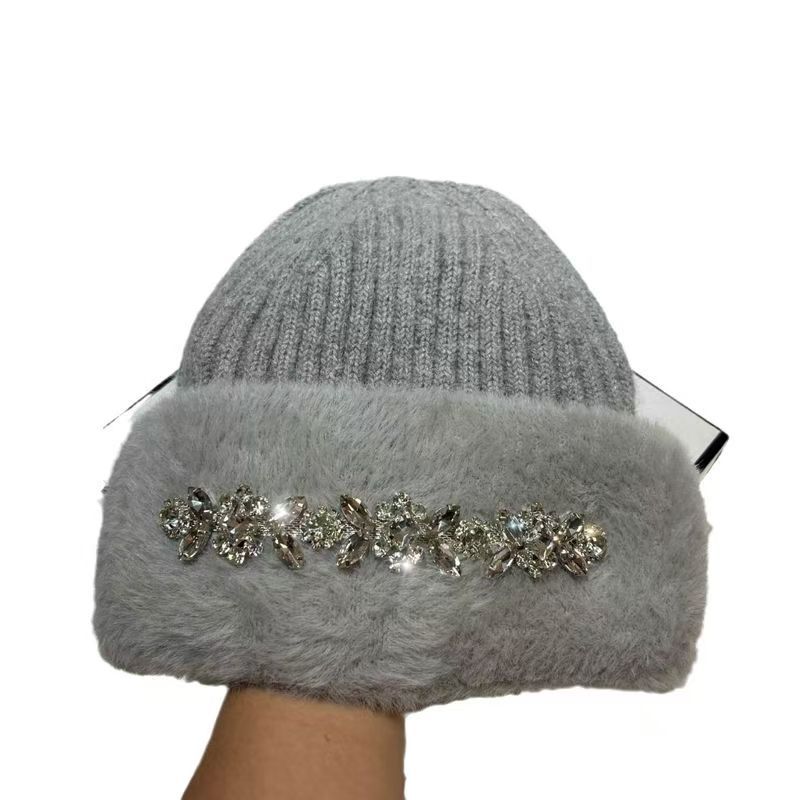 Chapeau tricoté en laine polaire de vison avec strass pour l'hiver_voghion.com