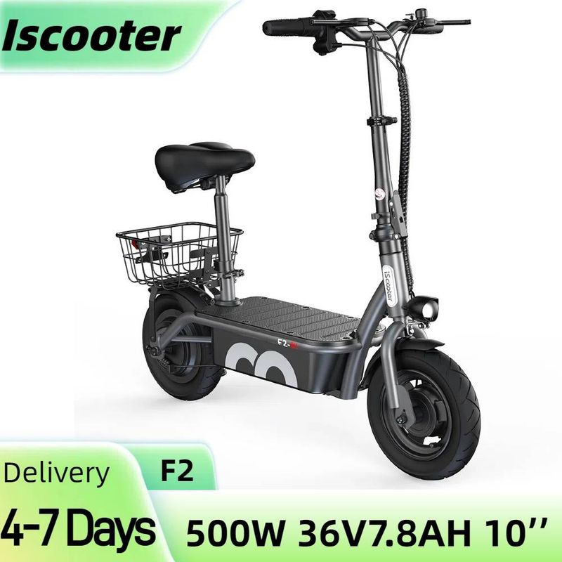 iScooter F2 500W Faltbarer Elektroroller mit Sitz für Erwachsene, 10-Zoll-Pendler-Escooter mit Korb und breiten Pedalen, 36V7.8Ah_voghion.com