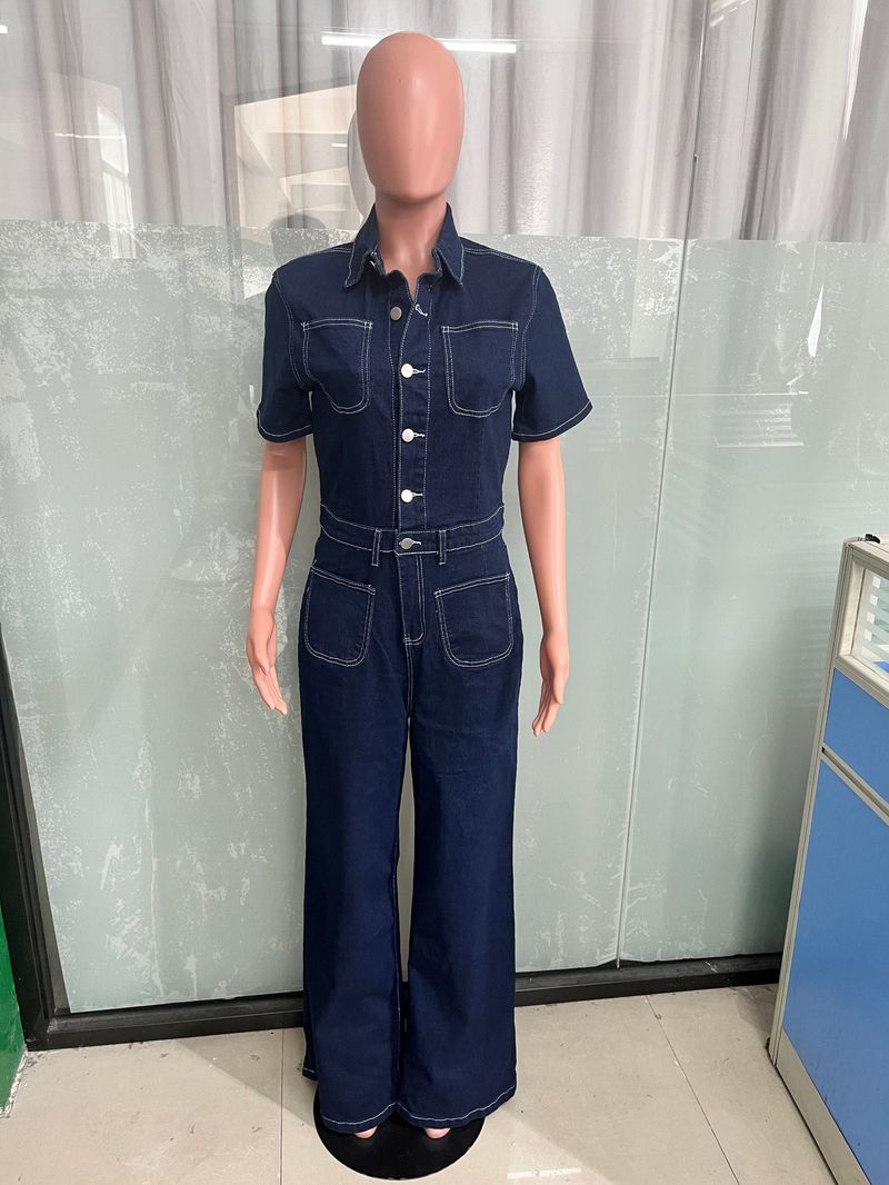 Loose Elastic Flared Washed Short Sleeved Denim Jumpsuit Jumpsuit Wide Leg Pants_voghion.com