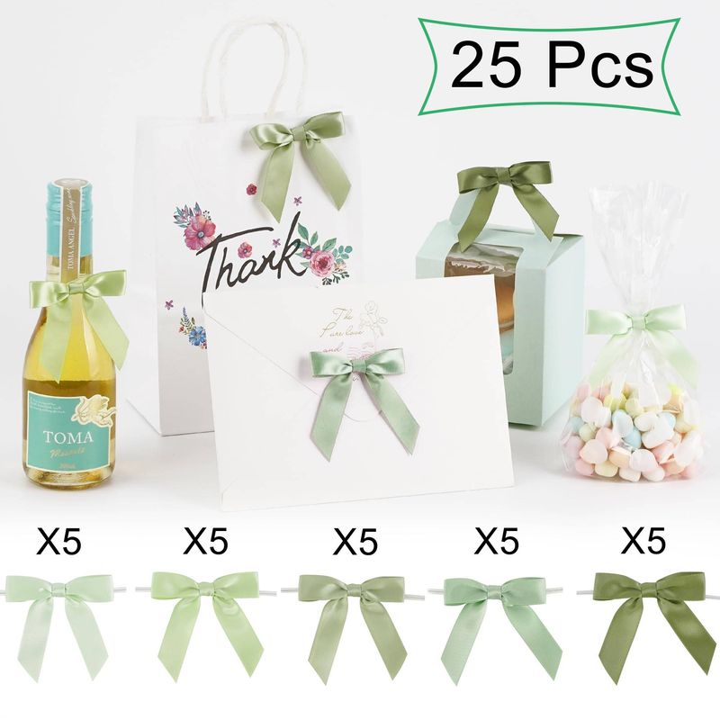 25pcs/50pcs 5 Colors Green Satin Ribbon Premade Bows With Twist Tie, 2.5" Satin Twist Tie Bows For Gift Wrapping, Baby Shower, Wedding Decoration_voghion.com