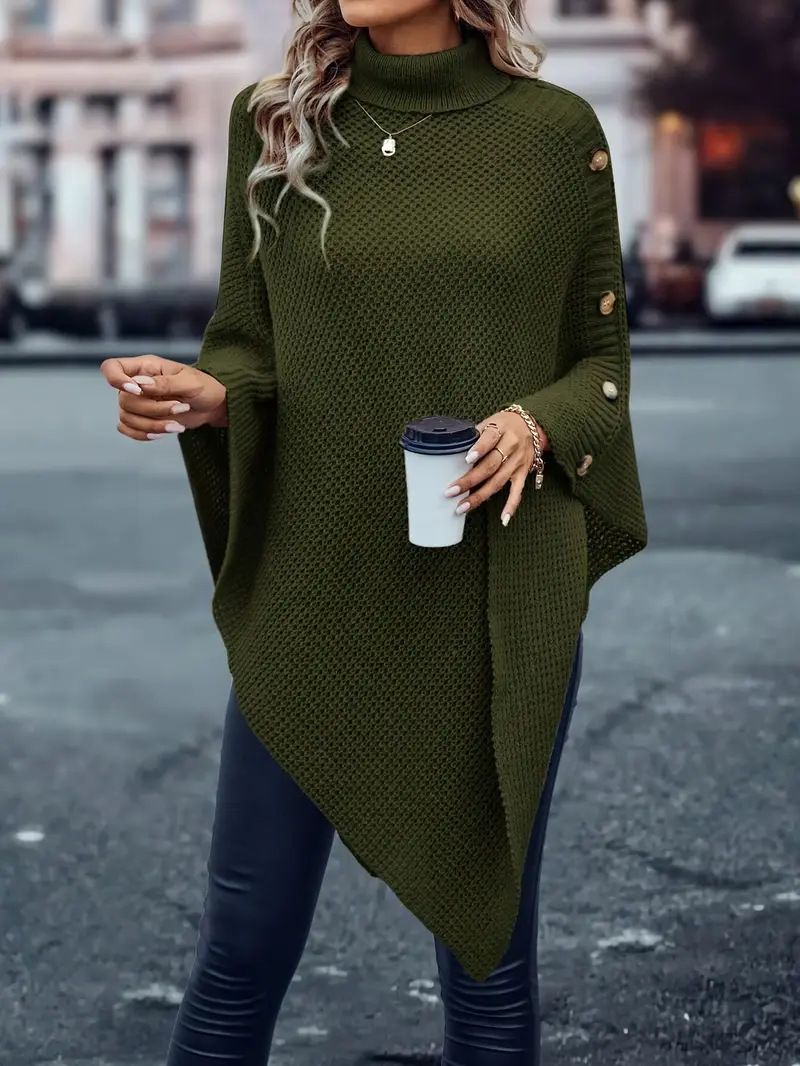 ​​"Oversized Cape Cardigan – High Neck Asymmetrical Knit Sweater For Women (Army Green, Plus Size 0XL-5XL, Boho Winter Layering Piece)"​​_voghion.com