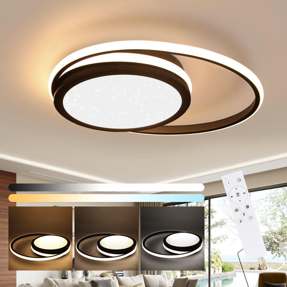 Glitzerlife Deckenlampe LED Deckenleuchte Schwarz - Dimmbare Wohnzimmerlampe Modern Rund Küchenlampe 56W Deckenbeleuchtung Sternnhimmel Design Für Hotel Büro_voghion.com