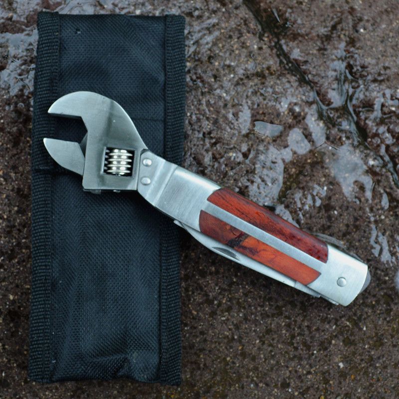 Multifunctional Colorful Wooden Handle Saw Knife With Fabric Case Travel Survival Adjustable Wrench Car Tool Kit_voghion.com