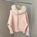 Kikimi Little Milk Dames Winter Hoodie Roze Oranje Gebreide Vos Grote Bontkraag Korte Jas_voghion.com