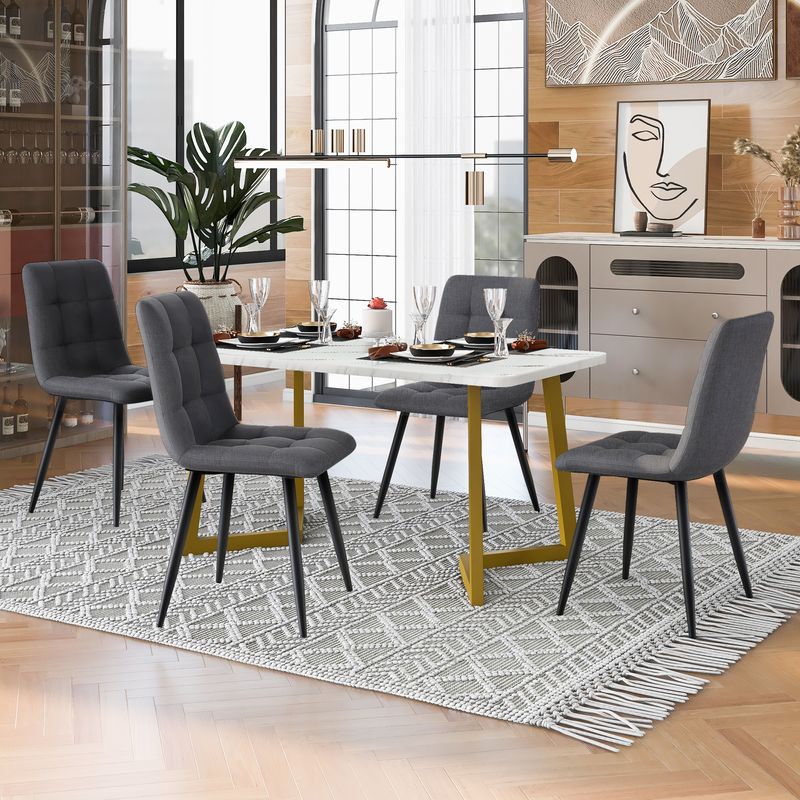 117cm Esstisch Mit 4 Stühlen Set, Rechteckiger Esstisch Moderner Küchentisch Set,Dunkelgrauer Leinen Esszimmerstuhl,Goldene Tischbeine_voghion.com