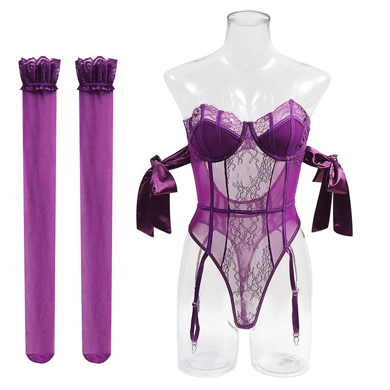 Kvinnors lila sexiga kroppsformande bodysuit rosett sidenband sexiga underkläder med strumpor set_voghion.com