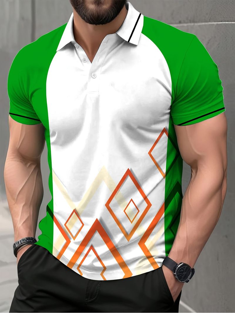 Men's Clothing Irregular Geometric Pattern Fashion Short Sleeved Button Lapel Shirt_voghion.com