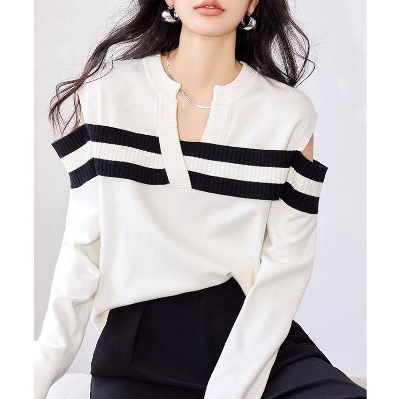 French off shoulder knitted for women in spring and autumn, new V-neck loose fit slimming top, top with bottom layer_voghion.com
