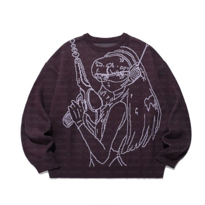 Neu Y2K Harajuku Mode Anime Cartoon Jacquard Lose Rundhals Männlichen und Weiblichen Paar_voghion.com