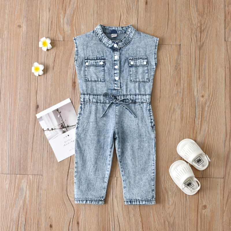 Børne sommertøj enkeltradet komfortabel ærmeløs denim jumpsuit til piger_voghion.com