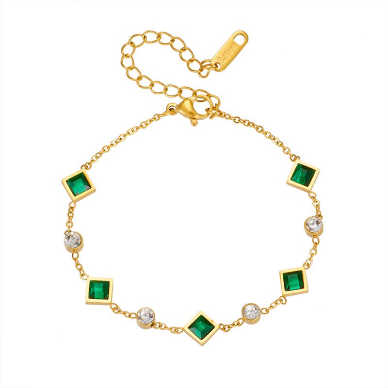 Bracciale da donna in acciaio al titanio con catena a maglie quadrate, stile semplice e con zirconi verdi, placcato oro, resistente allo sbiadimento, coordinato, per tutte le donne_voghion.com