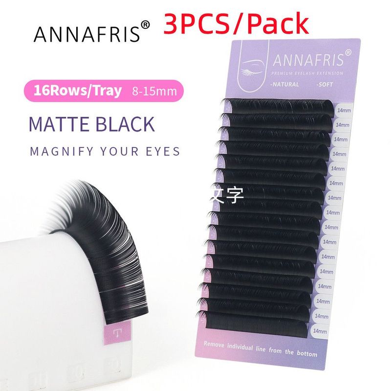 ANNAFRIS 3PCS/Pack 16 Rows Volume Classic Eyelash Extension C D Curl All Size Matte Black Individual False Eye Lashes Extension Salon Use Natural Soft Eyelashes Supplies_voghion.com