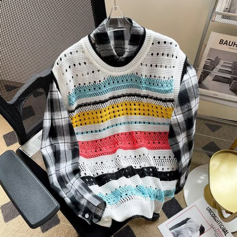 Men's Retro Contrast Stripe Knit Vest - Unisex Sleeveless Sweater Top, Trendy Hollow Weave For Autumn Layering (Green/Pink, S-XXXL)_voghion.com
