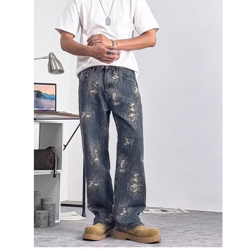 Herenkleding Lente en herfst Nieuwe Jacquard Denim Jas Pak Heren Knappe Retro High End Losse Casual Broek_voghion.com
