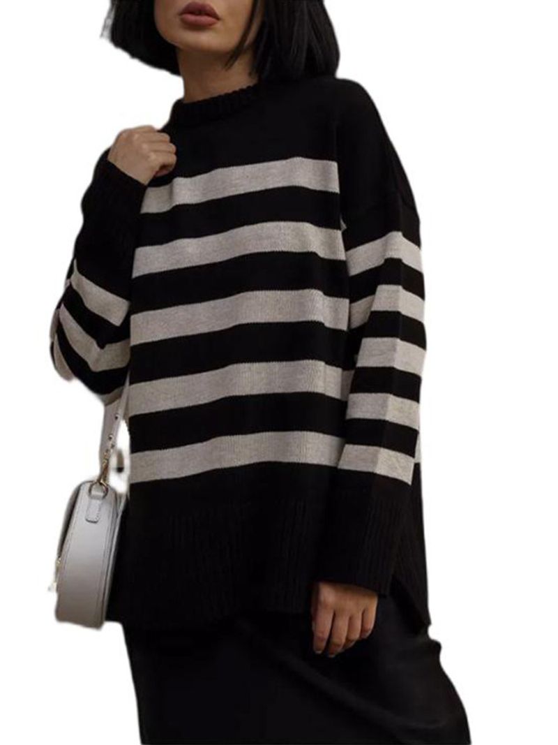 Damenbekleidung Damen Frühlings- und Herbstmode Pullover Rundhalspullover Klassisches Oberteil mit gestreiftem Saum und Schlitz in Kontrastfarbe_voghion.com