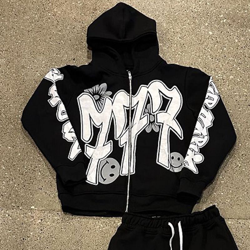 Herrenbekleidung Hip Hop Streetwear Hoodie & Jogger Set - Bedruckter Grafikpullover mit passender Hose - Locker sitzendes Freizeitoutfit für den Winter_voghion.com