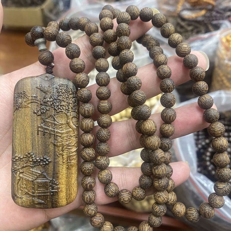Collier en bois d'agar Vietnamee Nha Trang Bai Chi Nan, pendentif paysage, chaîne de perles Afety, bracelet Uniex, bouddhit_voghion.com