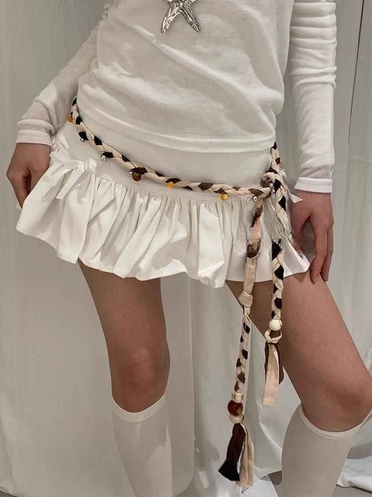 Summer Niche Design Hand-Woven Square Loose Beaded Linen Belt High Street Girl Tie Tassel Waist Chain_voghion.com