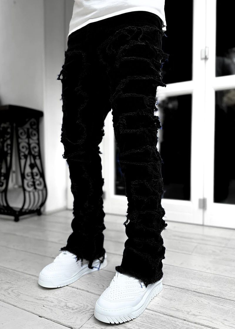 Men's New Denim Straight Leg Pants Fashion Ins Elastic Patch Denim Pants_voghion.com