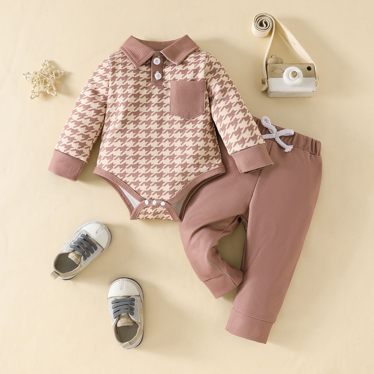 "Completo di tutina e pantaloni in maglia a nido d'ape per neonati – Completo morbido a maniche lunghe in 2 pezzi per bambini da 0 a 18 mesi – Caldo abbigliamento autunnale/invernale"_voghion.com