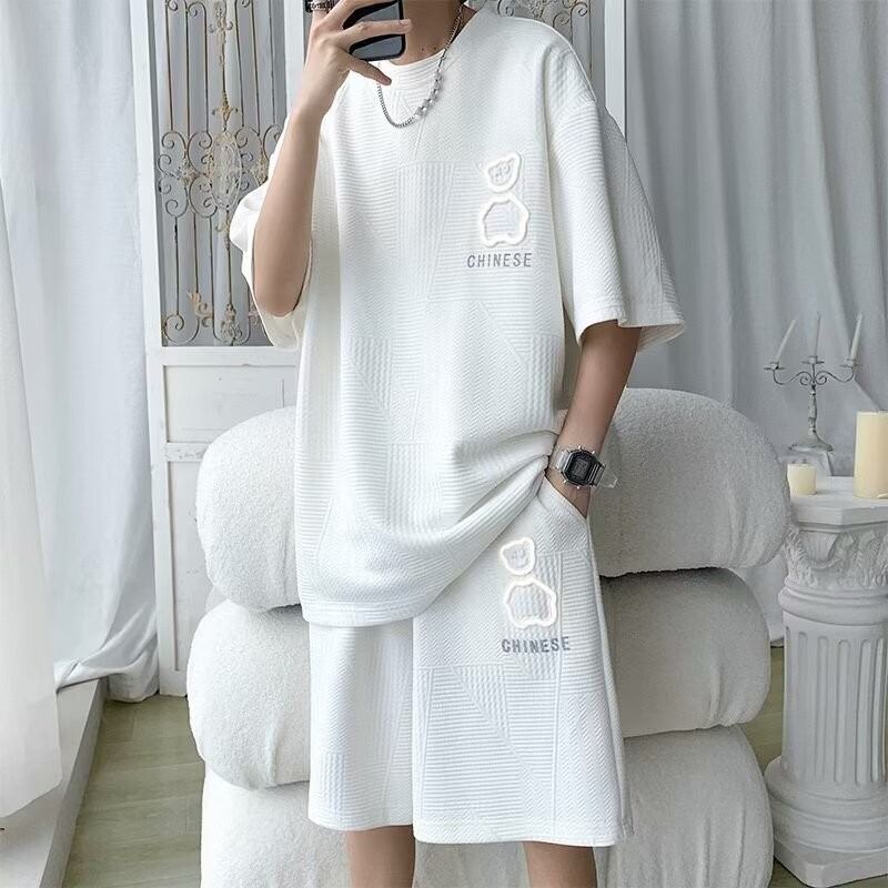 Waffler 2024 Short sleeved Set Men's Sports Leisure Top and Pants Loose T-shirt Trendy Shorts for Men_voghion.com
