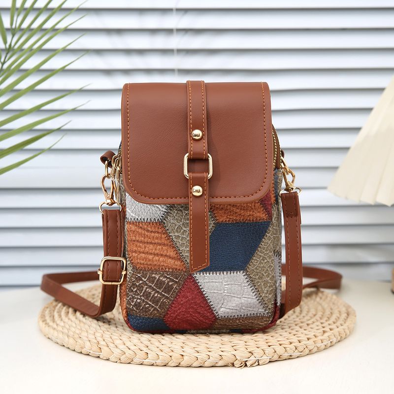 Damentaschen, personalisierte Kontrastfarbe, Raute, Messenger-Handytasche, modische Damen-Umhängetasche im Retro-Stil mit Gürtelschnalle_voghion.com