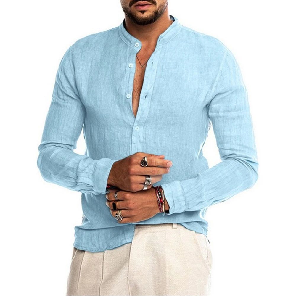 Cotton Linen Hot Sale Men's Long-Sleeved Shirts Summer Solid Color Stand-Up Collar Casual Beach Style Plus Size_voghion.com