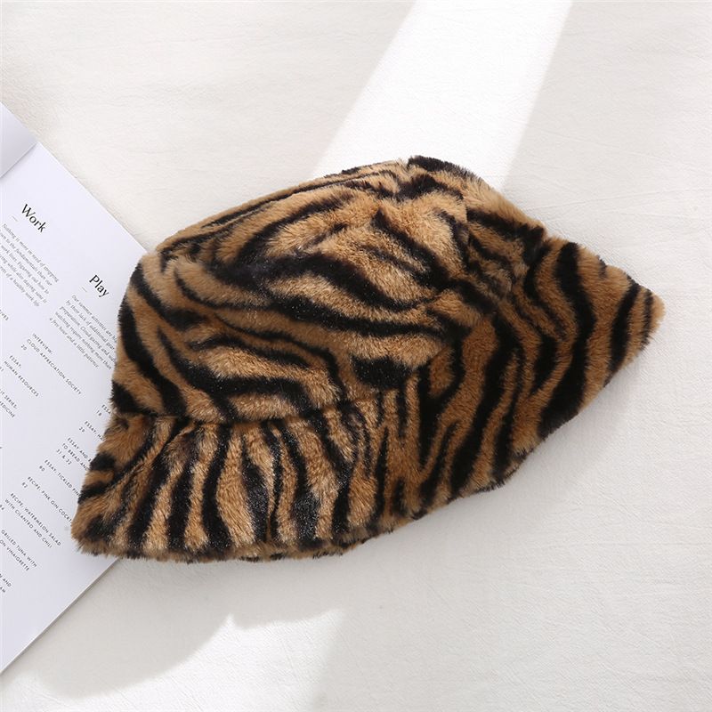 Autumn Winter Pot Women's Thickened and Warm Lamb Hair Fisherman Versatile Zebra Pattern Plush Hat_voghion.com