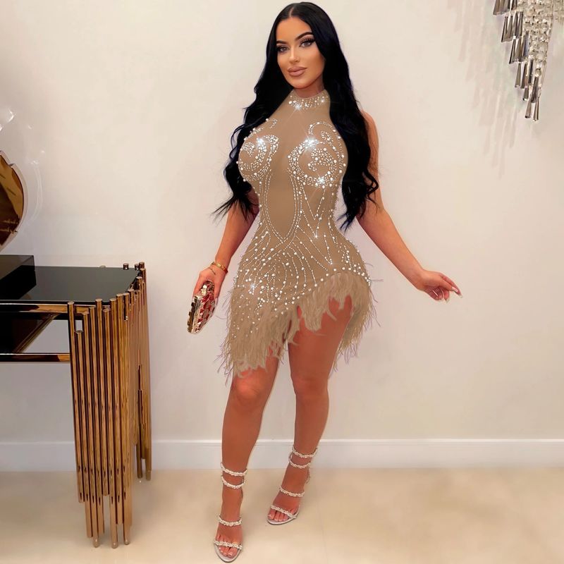 Women's Clothing sexy mesh hot diamond bubble bead feather dress _voghion.com